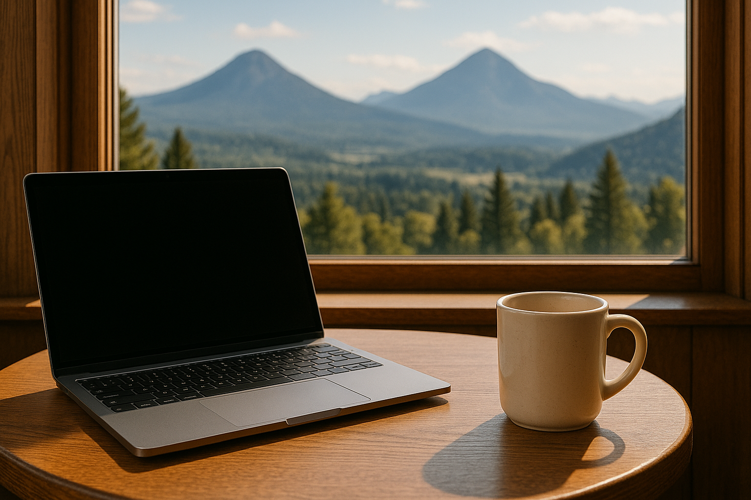 Stânga laptop (intermediar), dreapta cană (aproape), fundal munți (distanță)